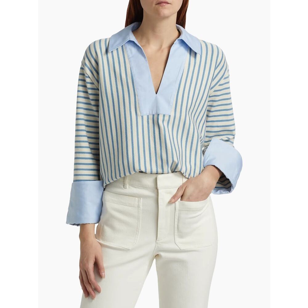 Tanya Taylor Blue Cream Whitney Striped Long-Sleeve Top NWT Size Small
